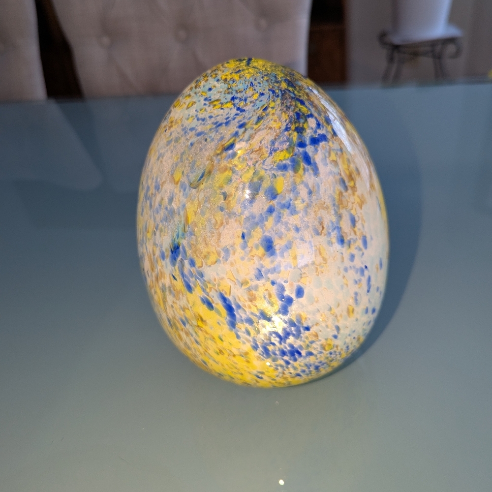 Art Glass Egg Multicolor Cobalt Yellow Splatter Cordless Table Lamp - Mood Light